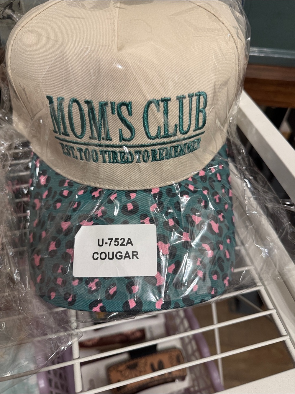 Mom's Club Beige & Teal Cap with Pink Print